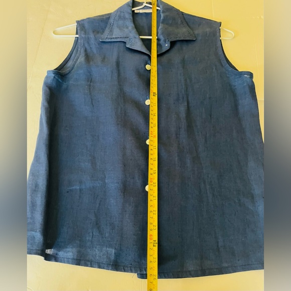 Royal Blue 100% linen button-up shirt mother-of-pearl buttons embroidered collar - Picture 15 of 16